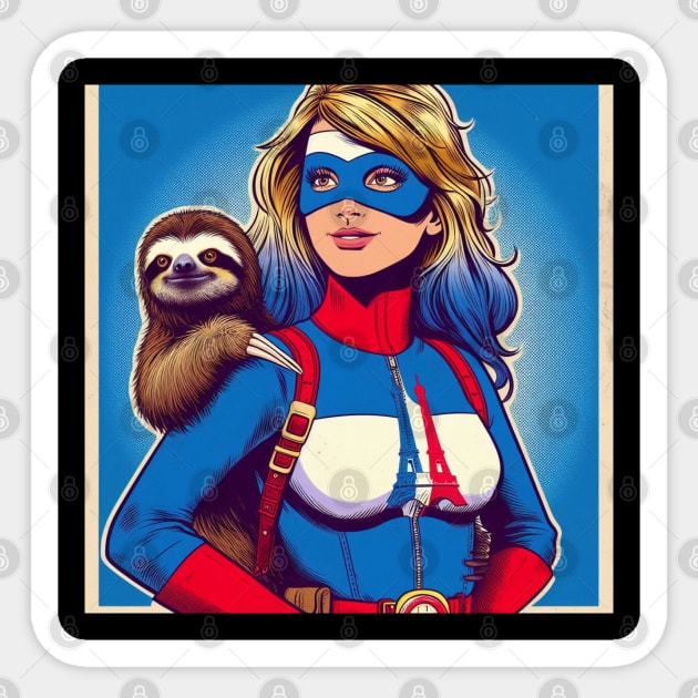 Francais: Female 70's Comic Book Hero with Sloth 1 Sticker by Woodpile